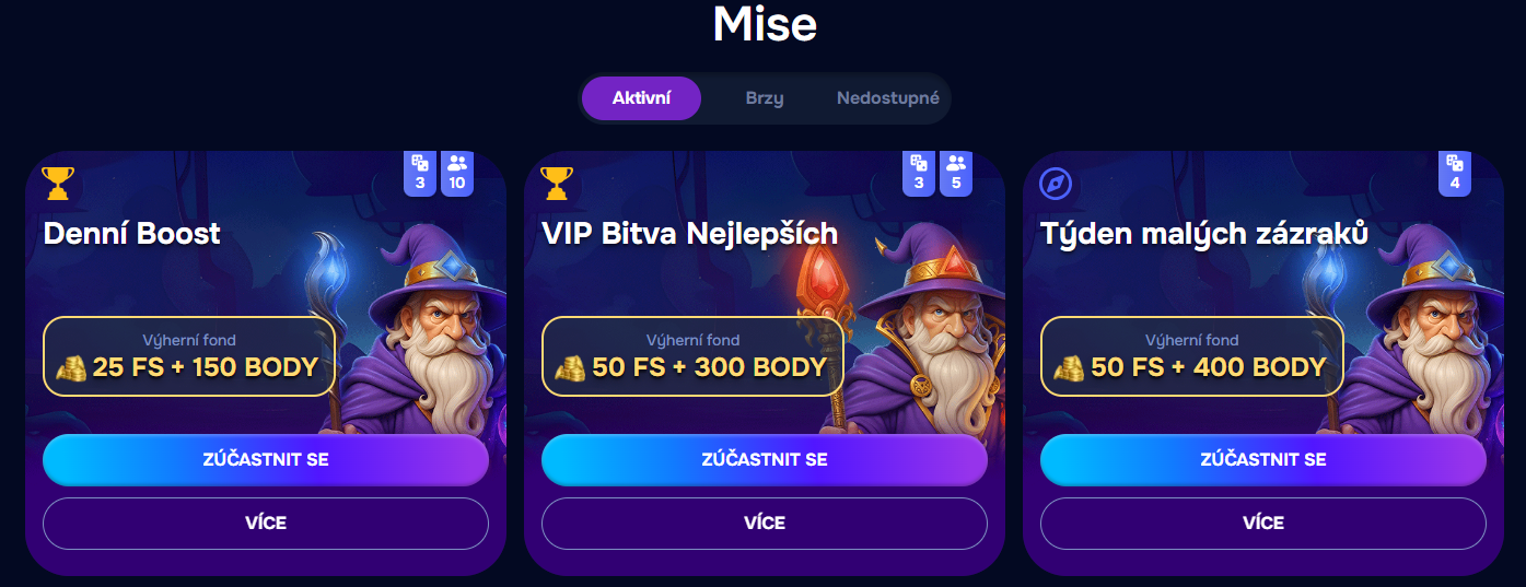 Bonusové mise v Wizardo včetně 25 FS denních boostů a VIP bitvy.