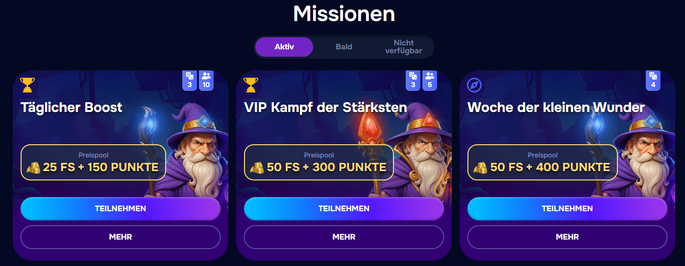 Aufgaben im Online-Casino für Freispin-Punkte im VIP-Programm von Wizardo.